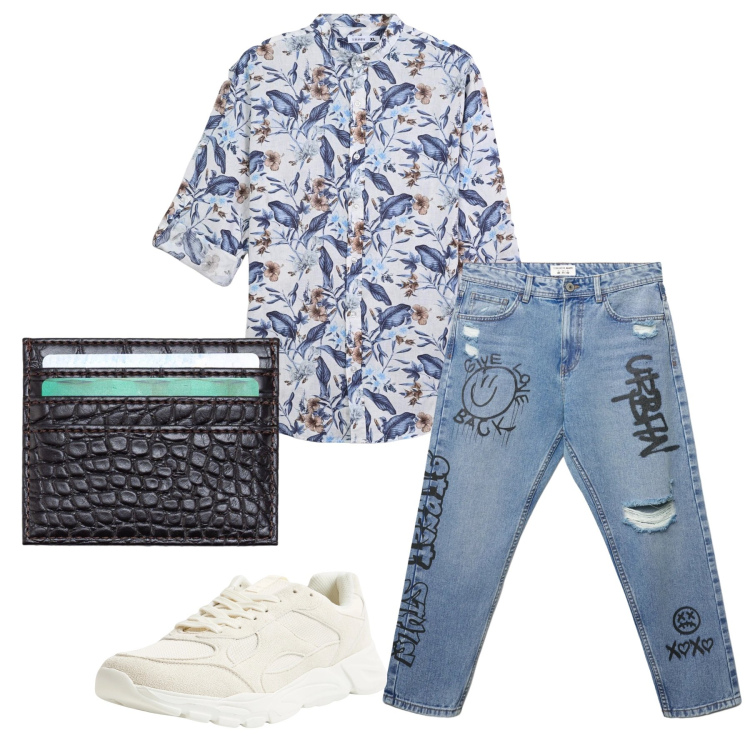 Outfit uomo - Total look #2346934. Stile Trendy per Tutti i giorni. Abbinamento con sneakers, camicie, jeans strappati, portafogli.