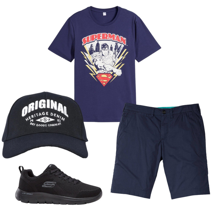 Outfit uomo - Total look #2346935. Stile Casual per Tutti i giorni. Abbinamento con bermuda, sneakers, t-shirt, cappelli con visiera.