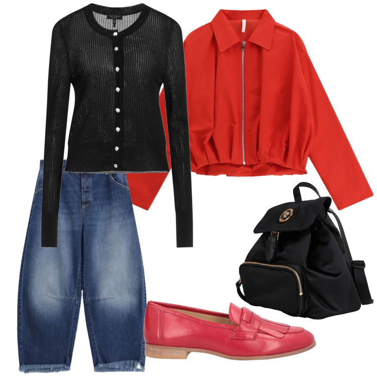 Outfit donna - Look. Stile Casual per Tutti i giorni. Abbinamento con cardigans, zaini, mocassini, bomber, jeans.