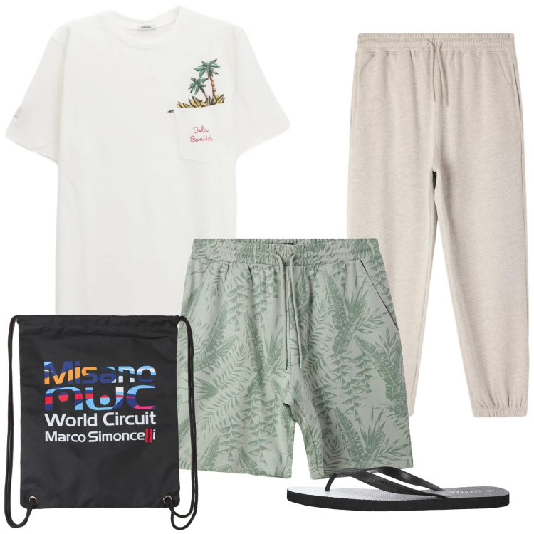 Outfit uomo - Total look #2346937. Stile Casual per Mare. Abbinamento con t-shirt, borse sportive, sandali, costumi, pantaloni.