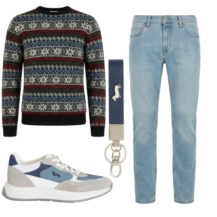 Outfit uomo - Total look #2346939. Stile Casual per Ufficio. Abbinamento con jeans slim fit, sneakers, pullovers, portachiavi.