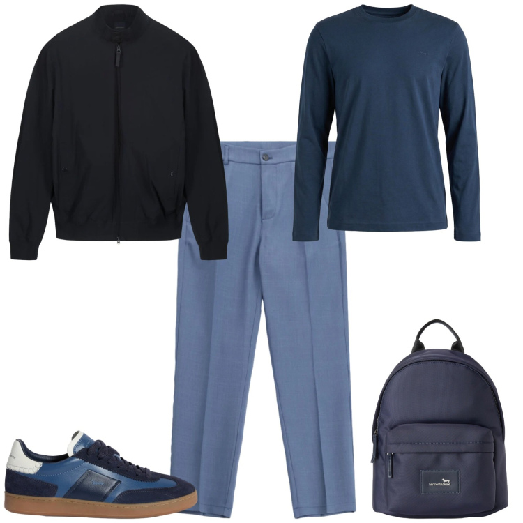 Outfit uomo - Trendy ufficio tempo libero. Stile Trendy per Ufficio. Abbinamento con t-shirt, sneakers, borse sportive, pantaloni, bomber.