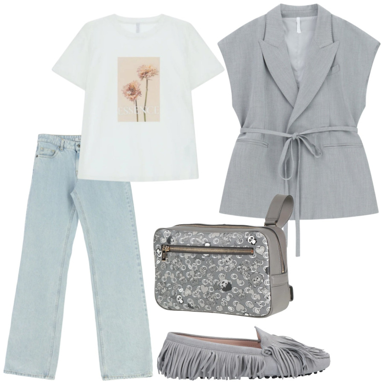 Outfit donna - Look. Stile Casual per Tutti i giorni. Abbinamento con mocassini, marsupi, jeans dritti, t-shirt, gilet.
