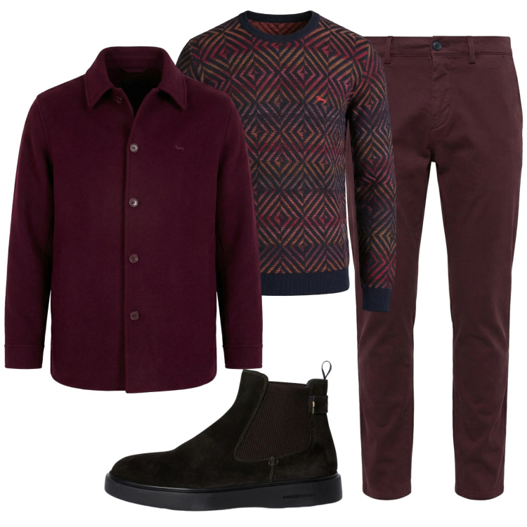 Outfit uomo - Total look #2346951. Stile Casual per Ufficio. Abbinamento con stivali e stivaletti, pullovers, pantaloni chino, cappotti.