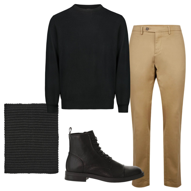 Outfit uomo - Total look #2346952. Stile Casual per Tutti i giorni. Abbinamento con anfibi, scaldacollo, pantaloni chino, maglieria.