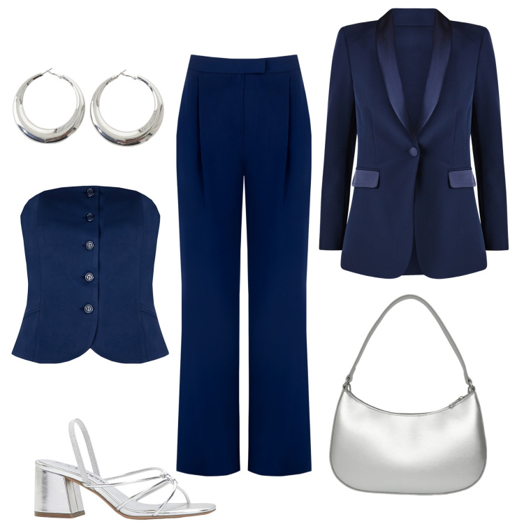 Outfit donna - Chic blu e argento. Stile Chic per Cerimonia. Abbinamento con sandali col tacco, borse a tracolla, orecchini, top, blazer, pantaloni.