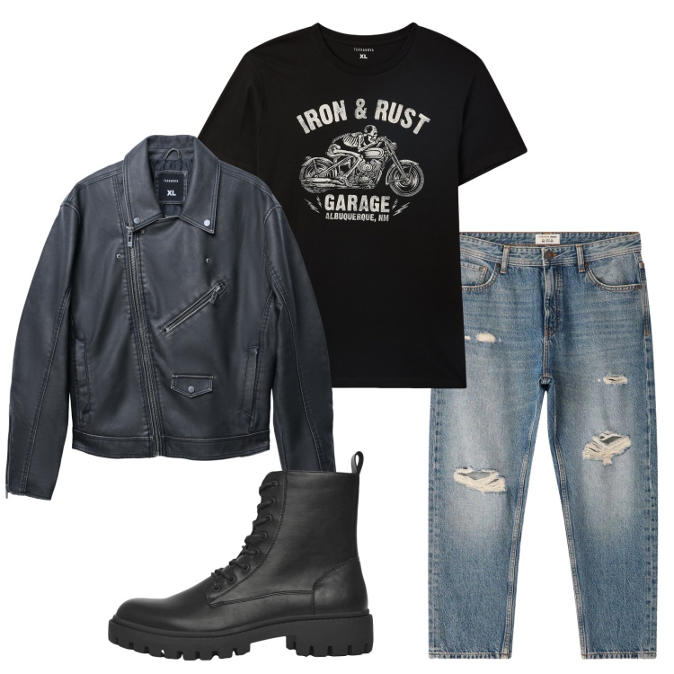 Outfit uomo - Total look #2346966. Stile Biker Rock per Tutti i giorni. Abbinamento con t-shirt, anfibi, giacche, jeans strappati.