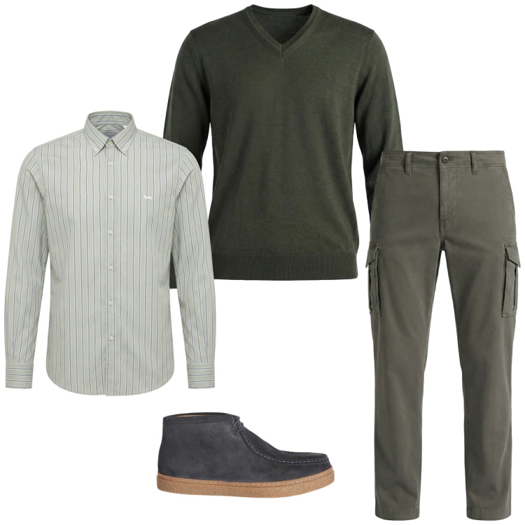 Outfit uomo - Total look #2346970. Stile Trendy per Serata speciale. Abbinamento con stivali e stivaletti, pantaloni cargo, pullovers, camicie.