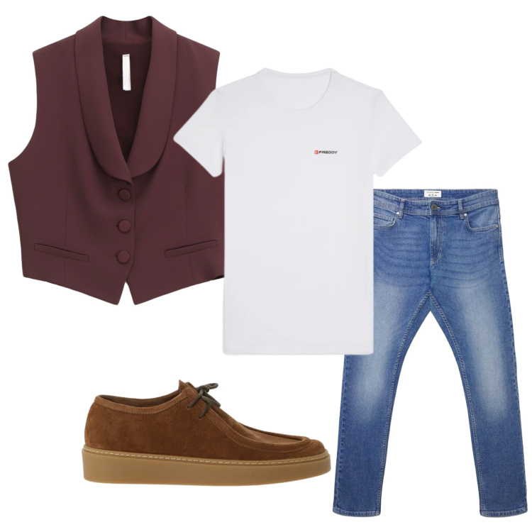 Outfit uomo - Total look #2346977. Stile Casual per Tutti i giorni. Abbinamento con scarpe stringate, gilet, jeans skinny, t-shirt.