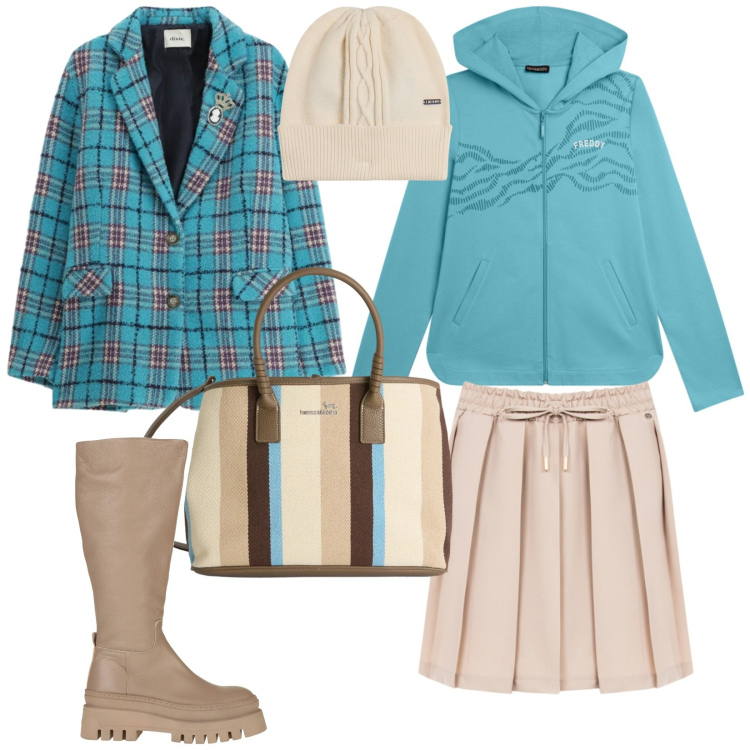 Outfit donna - Turchese chic. Stile Sporty chic per Tutti i giorni. look ideale per Petite. Abbinamento con stivali, shopping bag, blazer, berretti, felpe con cappuccio, minigonne.