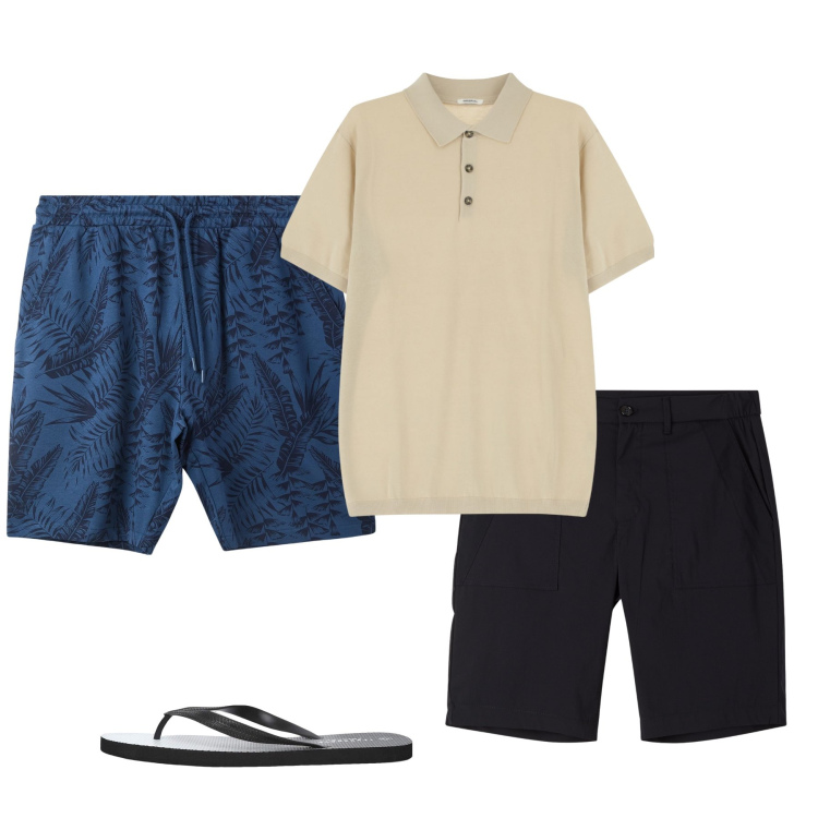 Outfit uomo - Summer Breeze. Stile Trendy per Tutti i giorni. Abbinamento con sandali, costumi, pantaloni corti, polo.