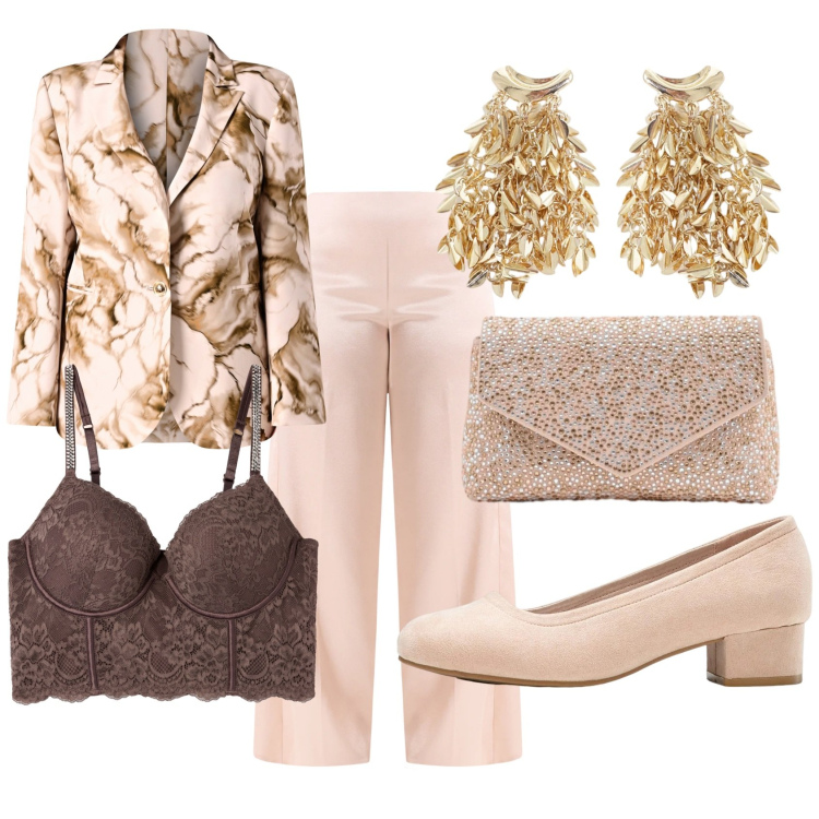 Outfit donna - Cerimonia in arrivo. Stile Glamour per Cerimonia. Abbinamento con décolleté, bralette, orecchini, pochette, blazer, pantaloni a palazzo.