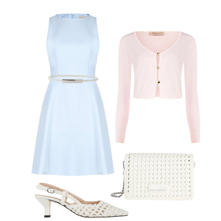 Outfit donna - Battesimo pastello. Stile Bon Ton per Cerimonia. Abbinamento con décolleté, borse a tracolla, cinture, vestiti corti, cardigans.