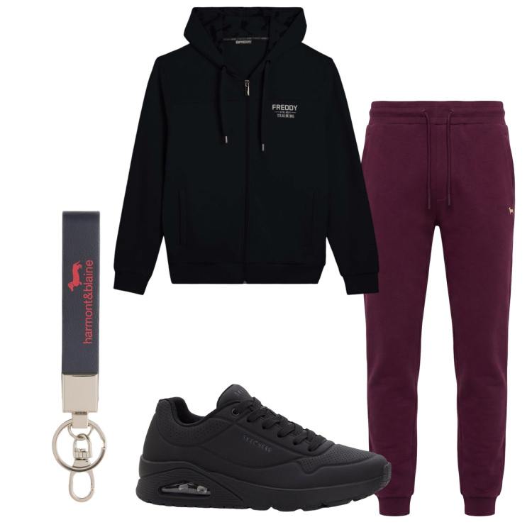 Outfit uomo - Total look #2347012. Stile Casual per Sport. Abbinamento con sneakers, portachiavi, pantaloni, felpe con cappuccio.