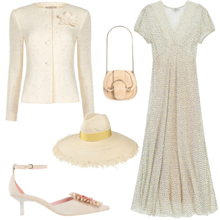 Outfit donna - Romantica cerimonia evento speciale. Stile Romantica per Cerimonia. Abbinamento con marsupi, décolleté, cappelli, vestiti midi/longuette, blazer.