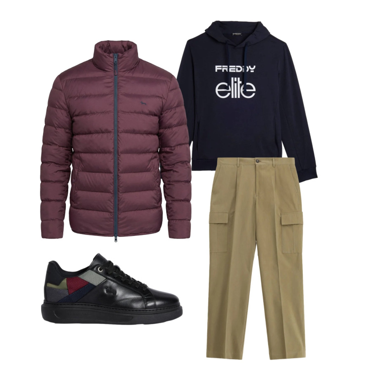 Outfit uomo - Funzionalità e Carattere Metropolitan. Stile Casual per Tutti i giorni. Abbinamento con sneakers, bomber, pantaloni cargo, felpe con cappuccio.