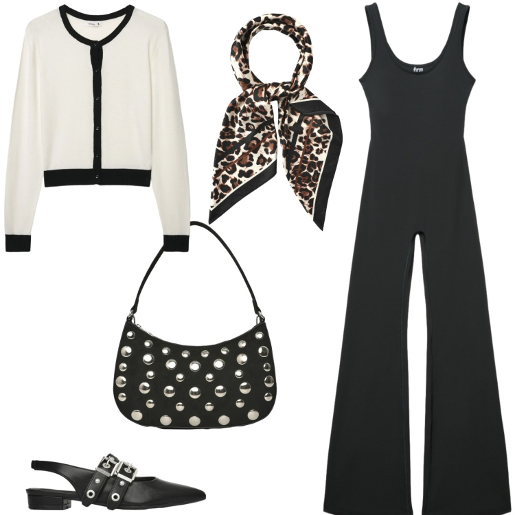 Outfit donna - Spring starts here. Stile Trendy per Serata fuori. Abbinamento con tute, cardigans, ballerine, foulard, borse a tracolla.