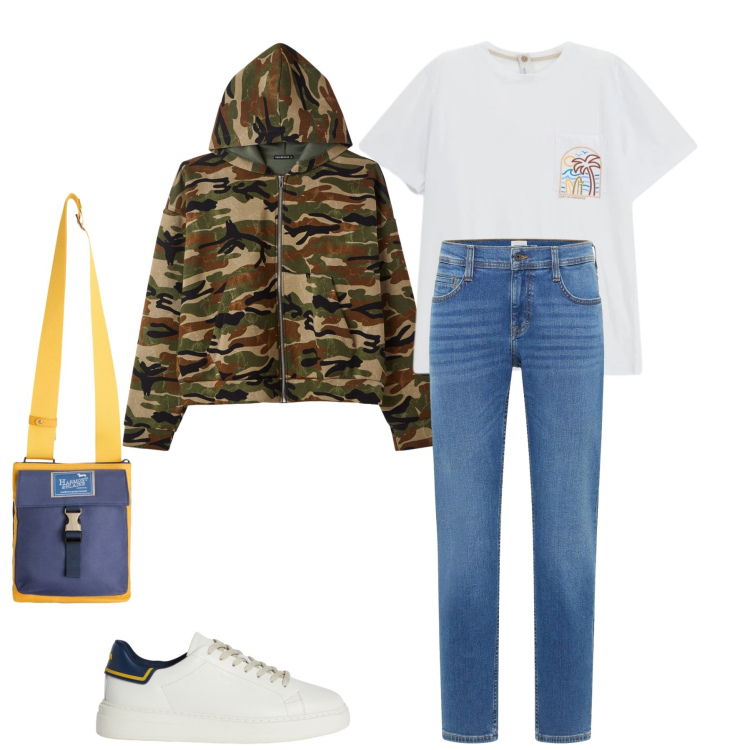 Outfit uomo - Camo & Surf. Stile Casual per Tutti i giorni. Abbinamento con jeans bootcut, sneakers, borse sportive, t-shirt, felpe con cappuccio.