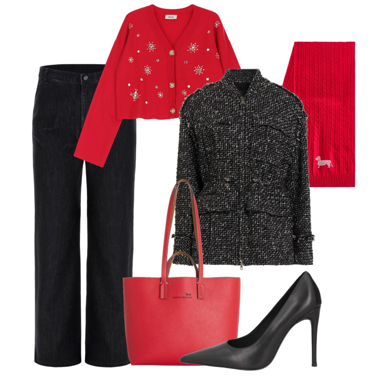 Outfit donna - Pizzata con gli amici. Stile Casual chic per Serata fuori. Abbinamento con cappotti, décolleté, shopping bag, sciarpe, cardigans, jeans.