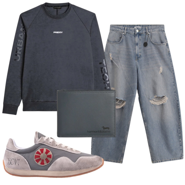 Outfit uomo - Total look #2347033. Stile Trendy per Tutti i giorni. Abbinamento con portafogli, jeans strappati, felpe, sneakers.