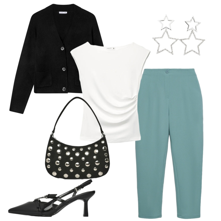 Outfit donna - Pantaloni chino verde acqua. Stile Casual chic per Tutti i giorni. Abbinamento con top, pantaloni chino, orecchini, cardigans, borse a tracolla, décolleté.