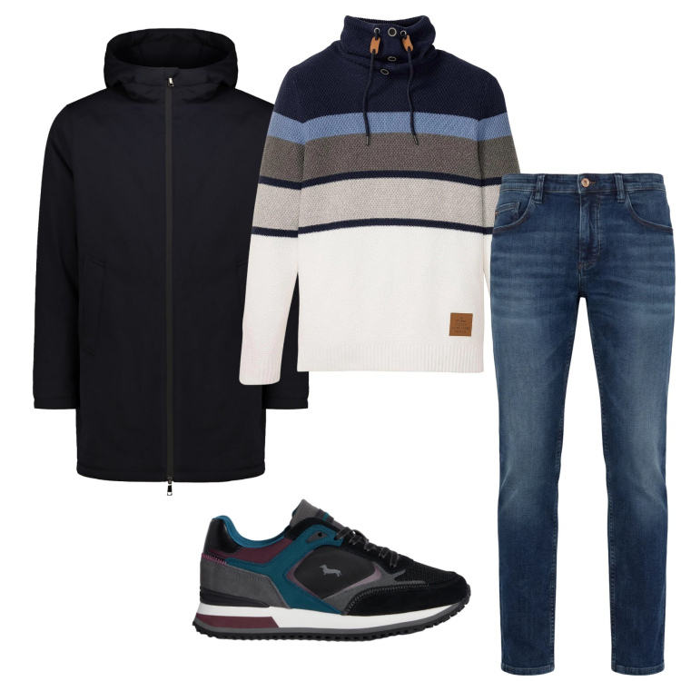 Outfit uomo - Total look #2347042. Stile Casual per Tutti i giorni. Abbinamento con maglieria, jeans, sneakers, parka.