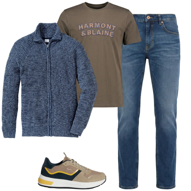 Outfit uomo - Harmony& Blaine. Stile Urban per Tutti i giorni. Abbinamento con cardigans, t-shirt, sneakers, jeans.