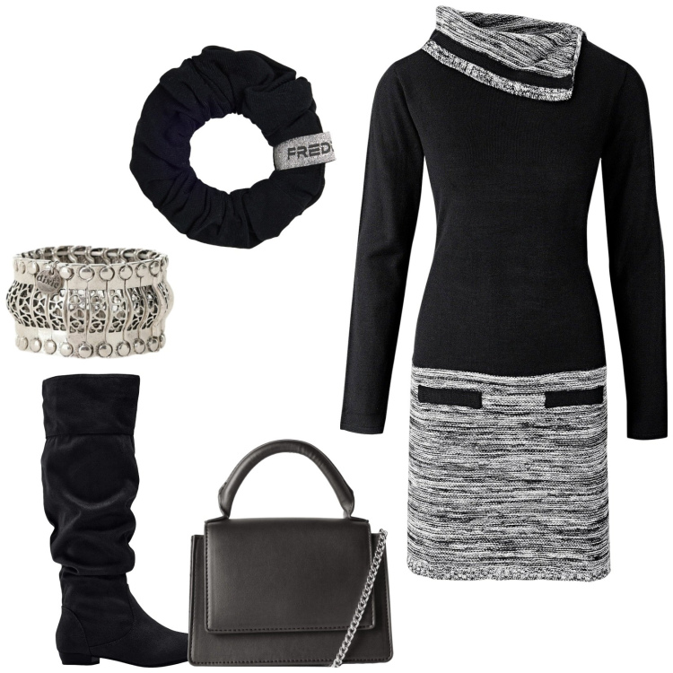 Outfit donna - Total look #2347052. Stile Urban per Tutti i giorni. Abbinamento con vestiti, stivali, borse a tracolla, anelli, accessori per capelli.