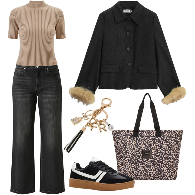 Outfit donna - Basico con grinta. Stile Casual per Tutti i giorni. Abbinamento con sneakers, portachiavi, shopping bag, blazer, jeans, pullovers.