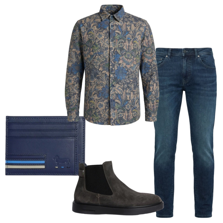 Outfit uomo - Total look #2347065. Stile Trendy per Ufficio. Abbinamento con jeans slim fit, stivali e stivaletti, portafogli, camicie.