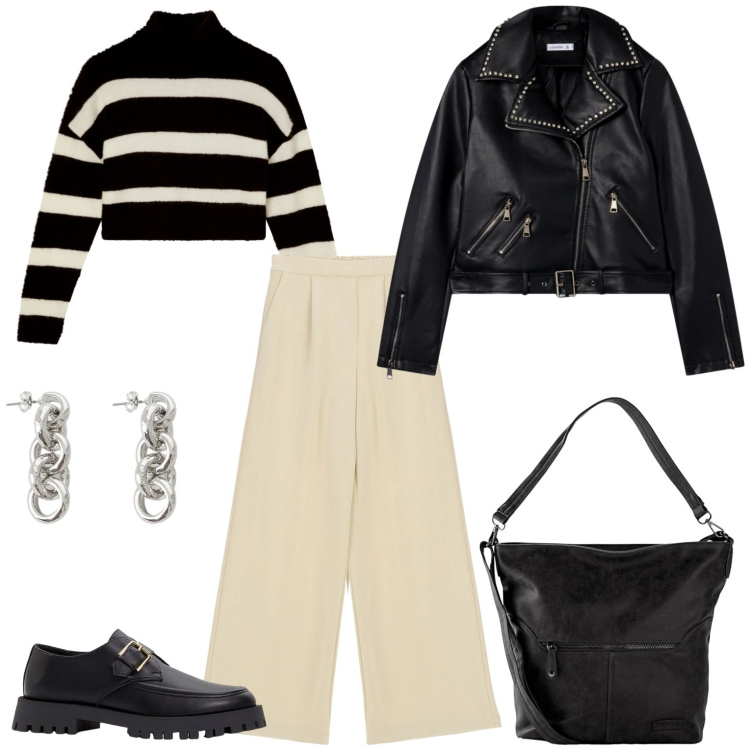 Outfit donna - Casual con grinta. Stile Casual per Tutti i giorni. Abbinamento con borse a spalla, mocassini, maglieria, giacche, pantaloni a palazzo, orecchini.