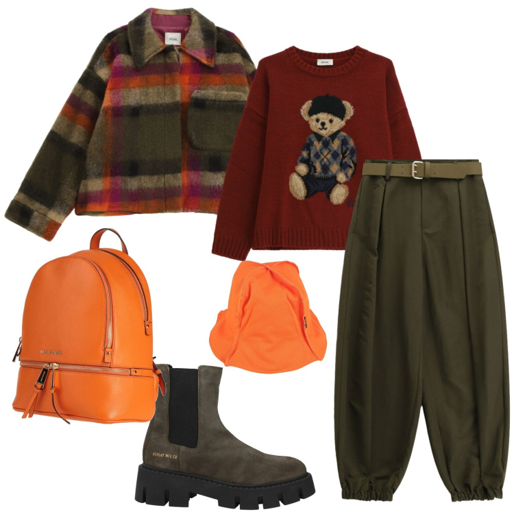 Outfit donna - A scuola con stile. Stile Trendy per Scuola/Università. Abbinamento con zaini, stivaletti chelsea, cappelli, pantaloni, cappotti, maglieria.