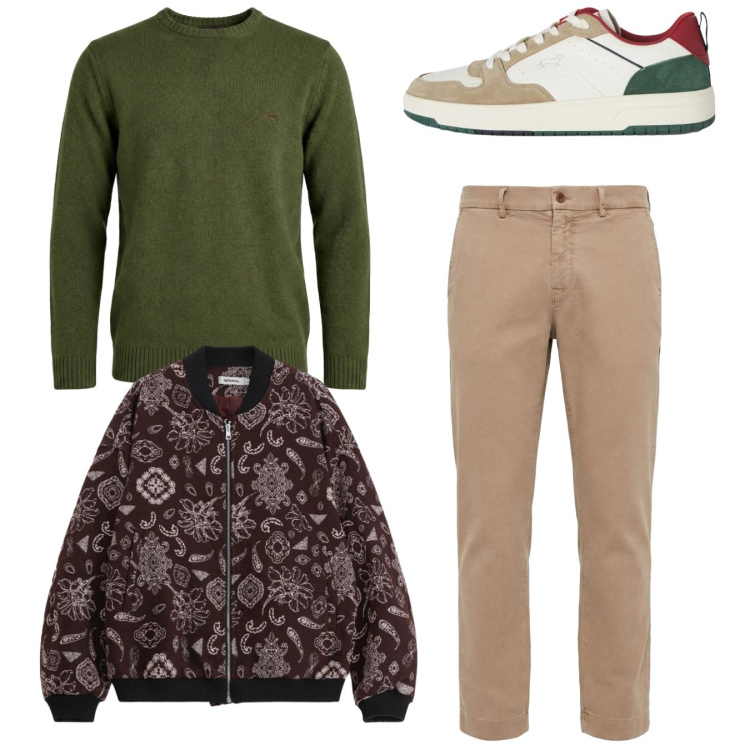 Outfit uomo - Total look. Stile Casual per Tutti i giorni. Abbinamento con pantaloni chino, sneakers, pullovers, bomber.