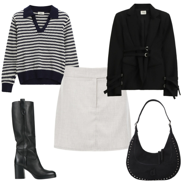 Outfit donna - In ufficio con stile. Stile Casual per Tutti i giorni. Abbinamento con stivali, maglieria, cappotti, blazer, minigonne.