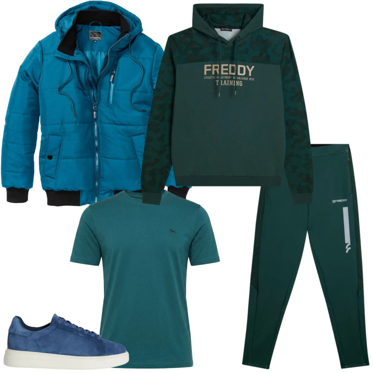 Outfit uomo - Total look #2347085. Stile Urban per Tutti i giorni. Abbinamento con bomber, sneakers, t-shirt, pantaloni, felpe con cappuccio.
