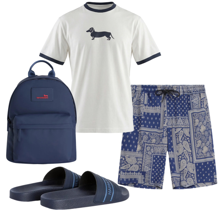 Outfit uomo - Total look #2347086. Stile Casual per Mare. Abbinamento con sandali, borse sportive, t-shirt, bermuda.