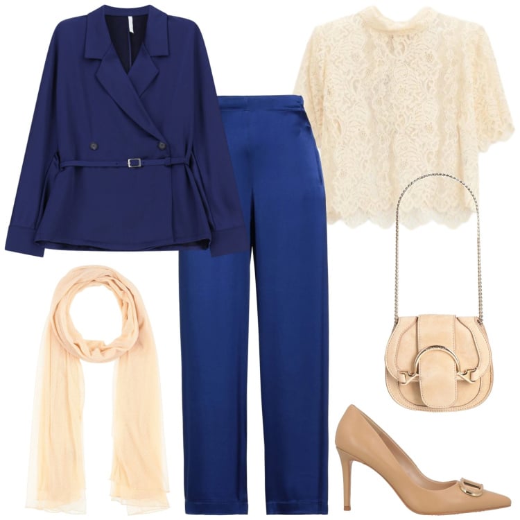 Outfit donna - Total look #2347088. Stile Chic per Cerimonia. Abbinamento con marsupi, décolleté, sciarpe, pantaloni, blazer, top.