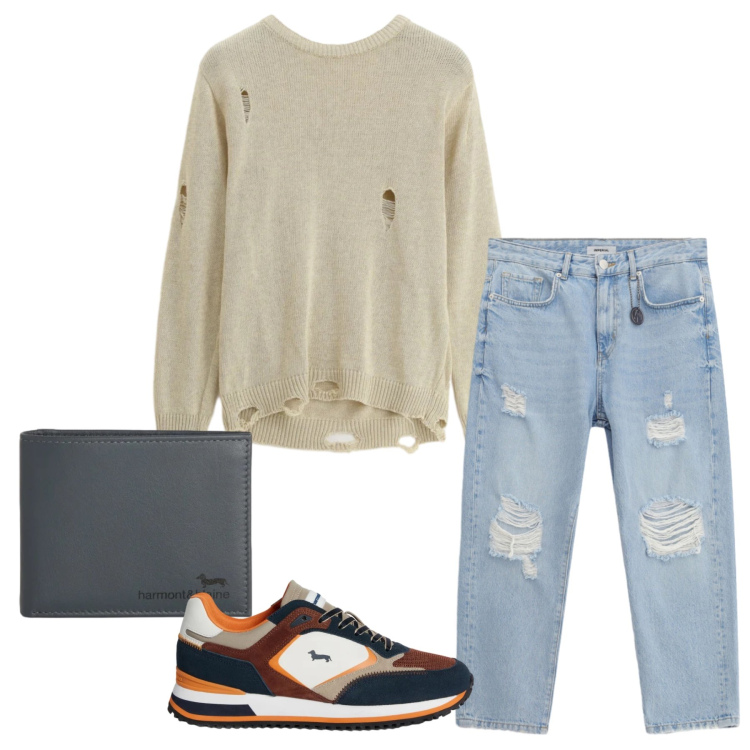 Outfit uomo - Total look #2347093. Stile Trendy per Tutti i giorni. Abbinamento con sneakers, portafogli, maglieria, jeans strappati.