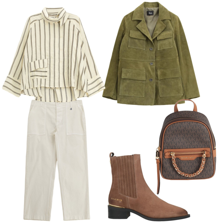 Outfit donna - In ufficio. Stile Sporty chic per Ufficio. Abbinamento con stivaletti chelsea, zaini, cappotti, camicie, pantaloni.