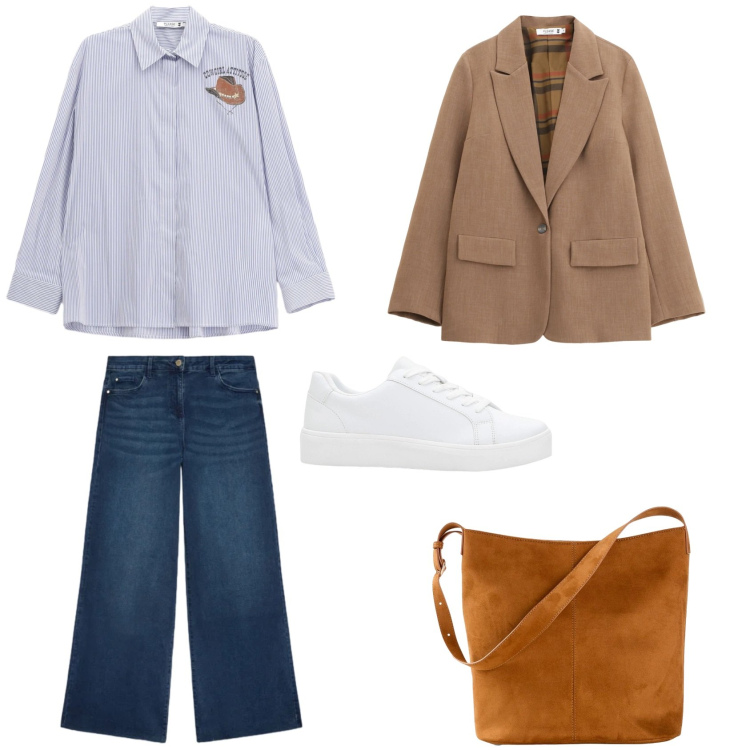 Outfit donna - Sobrietà da ufficio. Stile Urban per Tutti i giorni. Abbinamento con borse a mano, sneakers, jeans, blazer, camicie.