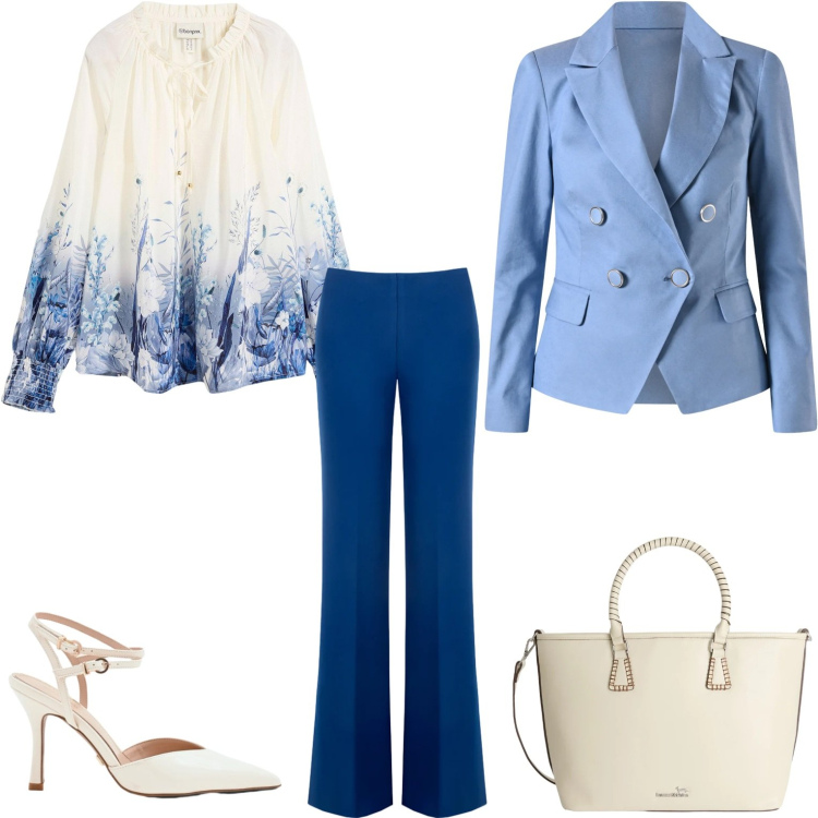 Outfit donna - Casual blu. Stile Casual chic per Serata fuori. Abbinamento con bluse, shopping bag, pantaloni a palazzo, décolleté, blazer.