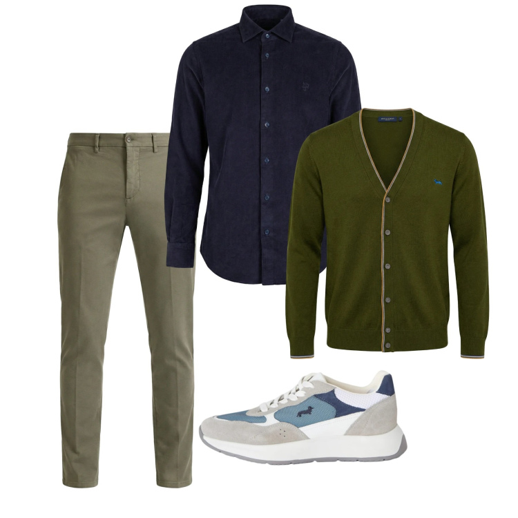 Outfit uomo - Febbraio. Stile Casual per Tutti i giorni. Abbinamento con sneakers, cardigans, camicie, pantaloni chino.