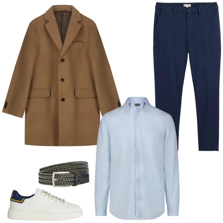 Outfit uomo - Equilibrio invernale. Stile Casual per Tutti i giorni. Abbinamento con pantaloni chino, sneakers, cinture, cappotti, camicie.
