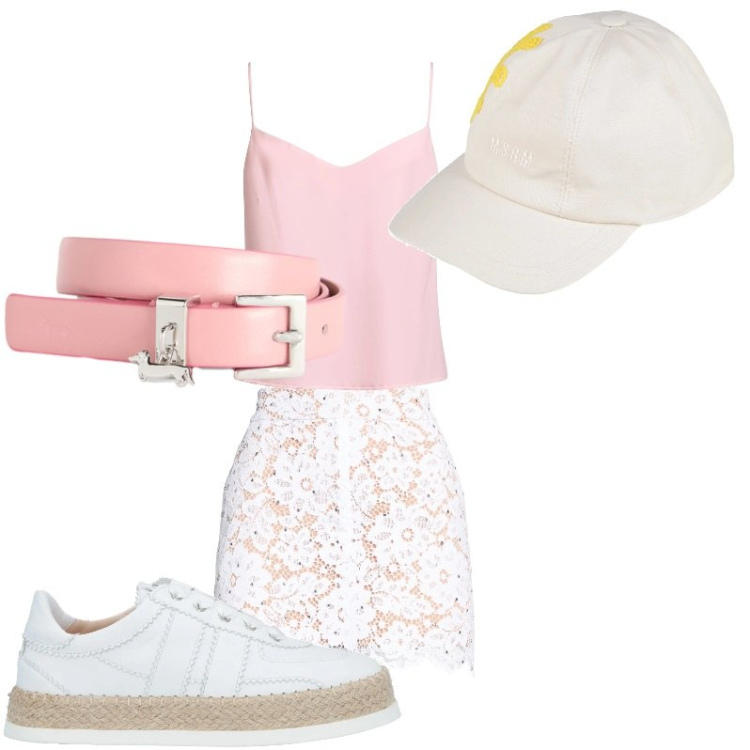 Outfit donna - Summer. Stile Preppy per Mare. look ideale per Petite. Abbinamento con cappelli con visiera, top, espadrillas, minigonne, cinture.