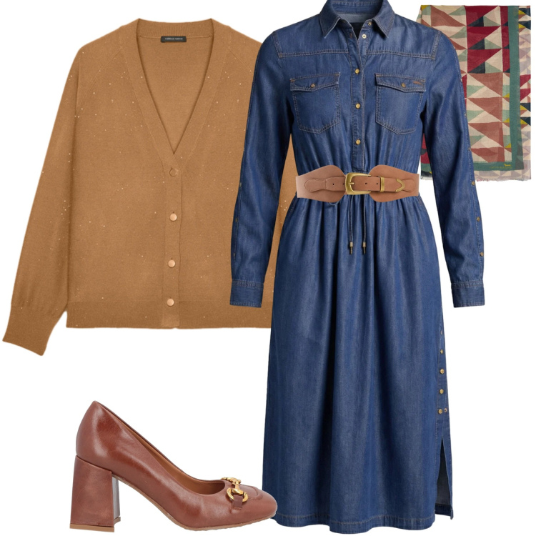 Outfit donna - Abito di jeans. Stile Casual chic per Ufficio. Abbinamento con décolleté, cinture, vestiti chemisier, sciarpe, cardigans.