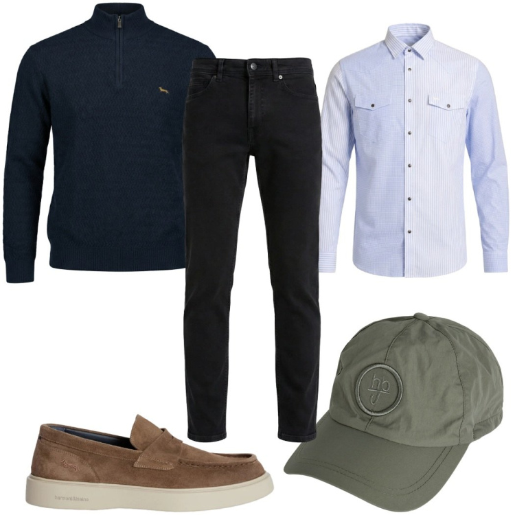 Outfit uomo - Total look #2347139. Stile Casual per Tutti i giorni. Abbinamento con scarpe stringate, cappelli, jeans, camicie, pullovers.