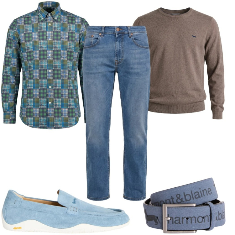 Outfit uomo - Total look #2347142. Stile Trendy per Tutti i giorni. Abbinamento con pullovers, camicie, jeans, cinture, scarpe stringate.