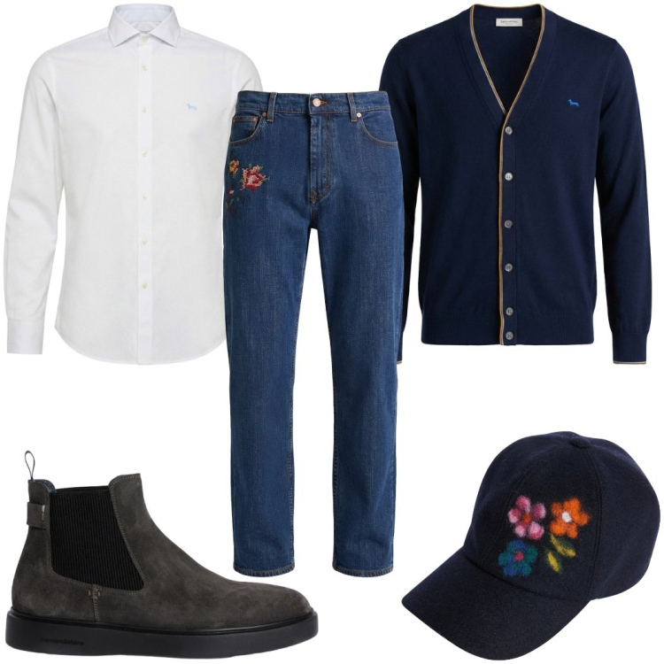 Outfit uomo - Total look #2347147. Stile Trendy per Tutti i giorni. Abbinamento con cappelli con visiera, jeans, stivali e stivaletti, cardigans, camicie.