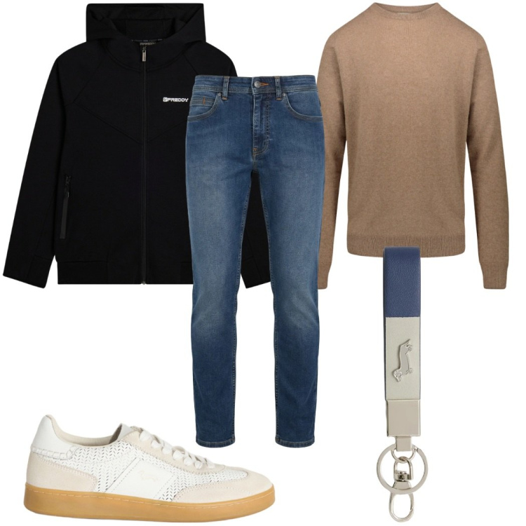 Outfit uomo - Total look #2347150. Stile Casual per Tutti i giorni. Abbinamento con portachiavi, sneakers, jeans, felpe con cappuccio, maglieria.