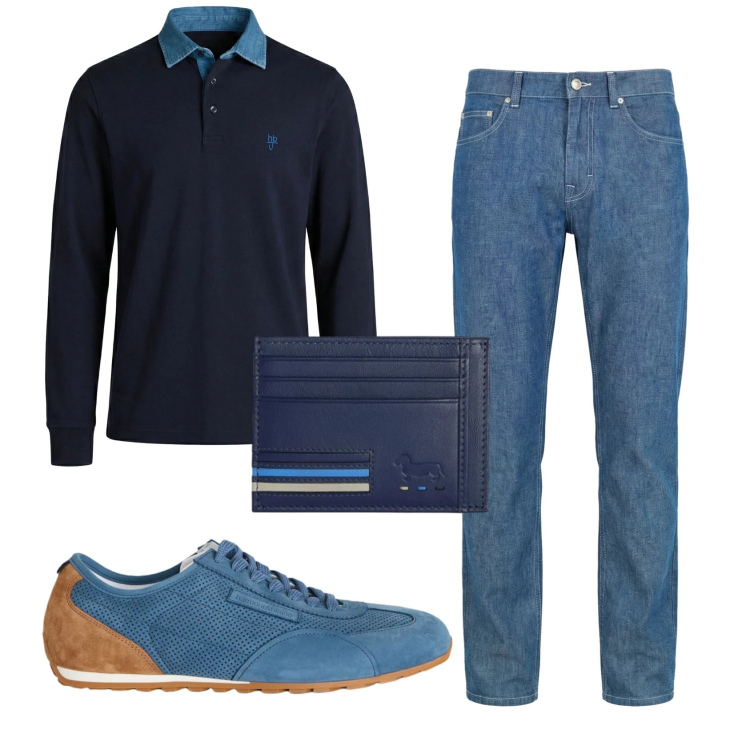 Outfit uomo - Total look #2347170. Stile Casual per Ufficio. Abbinamento con sneakers, jeans, portafogli, polo.